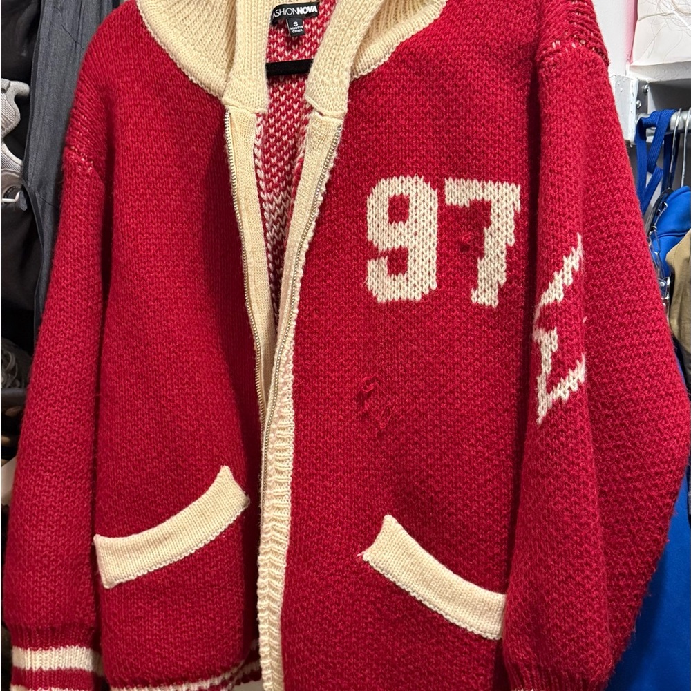 Red Knit Varsity Jacket with Cream Accents